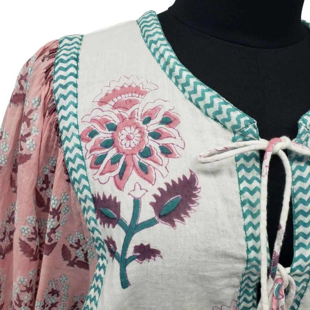 Oliphant Tie Front Balloon Sleeve Dress Pink Teal White Boho Block Print Floral - Picture 12 of 15